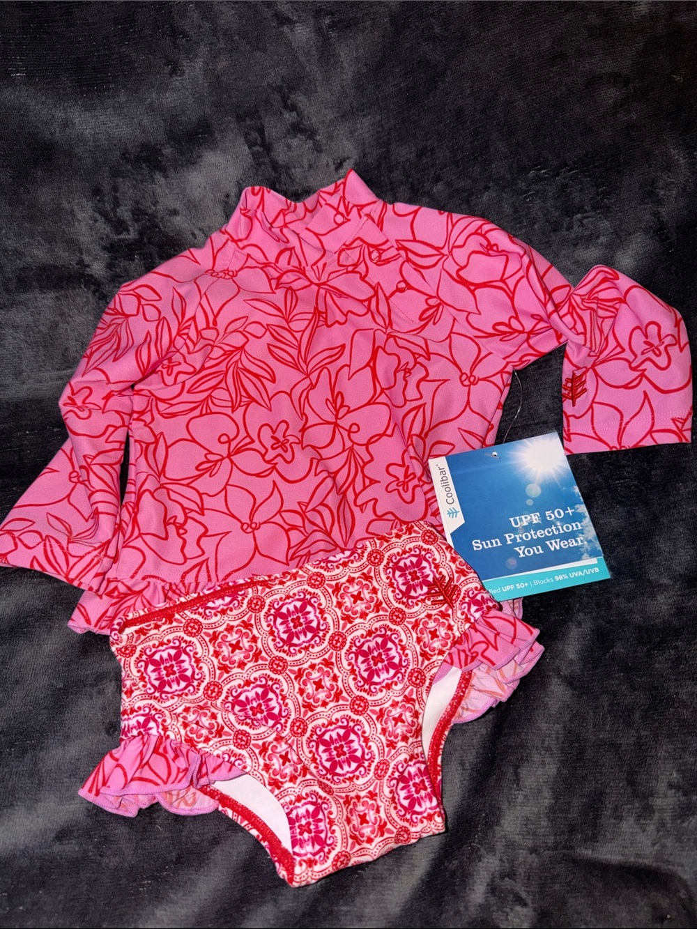 Coolibar Pink and Red Floral Kids UPF Rashguard Swim Set